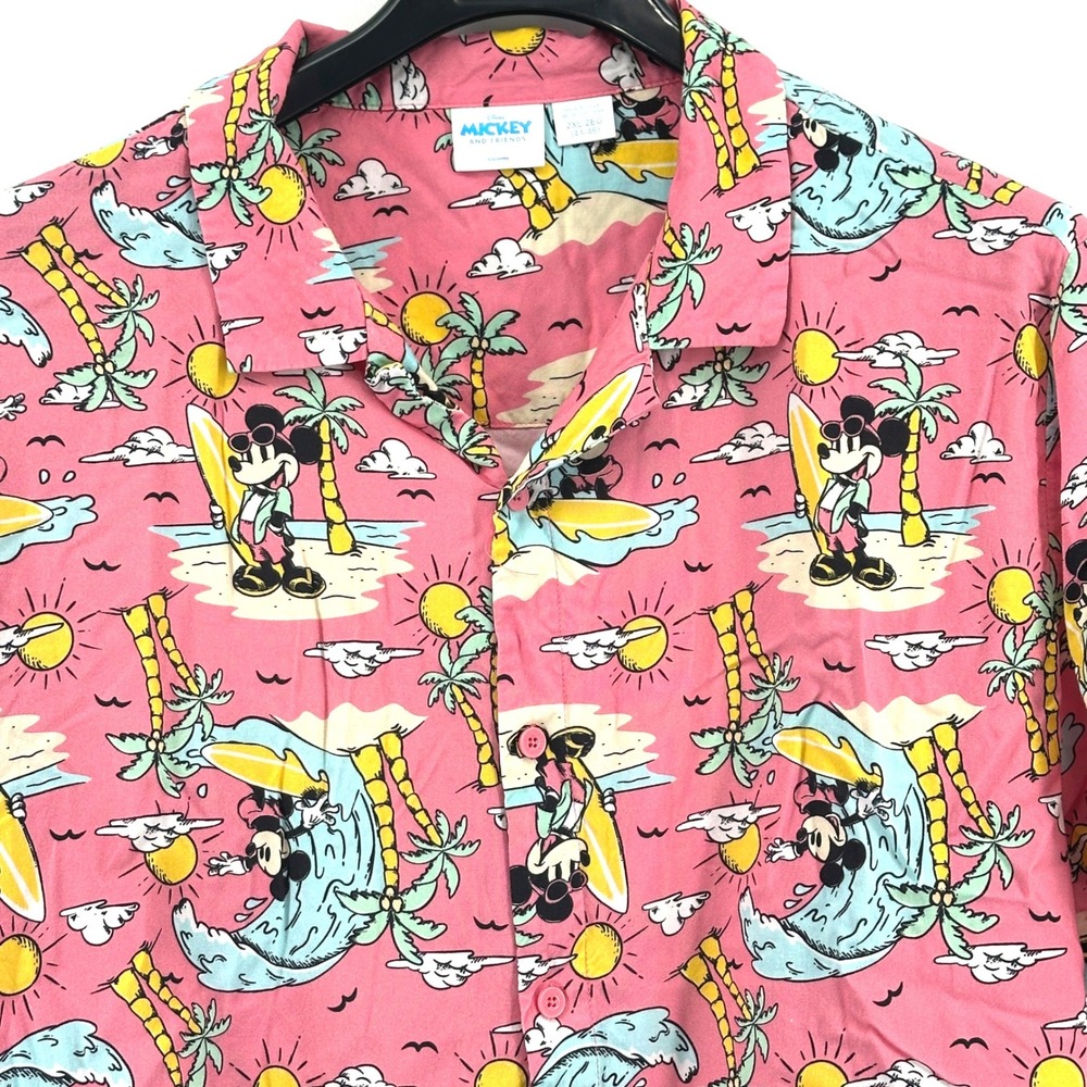 Disney Mickey Mouse Shirt Mens 2XL Pink Tropical Surfing Rayon Camp Fit Modern